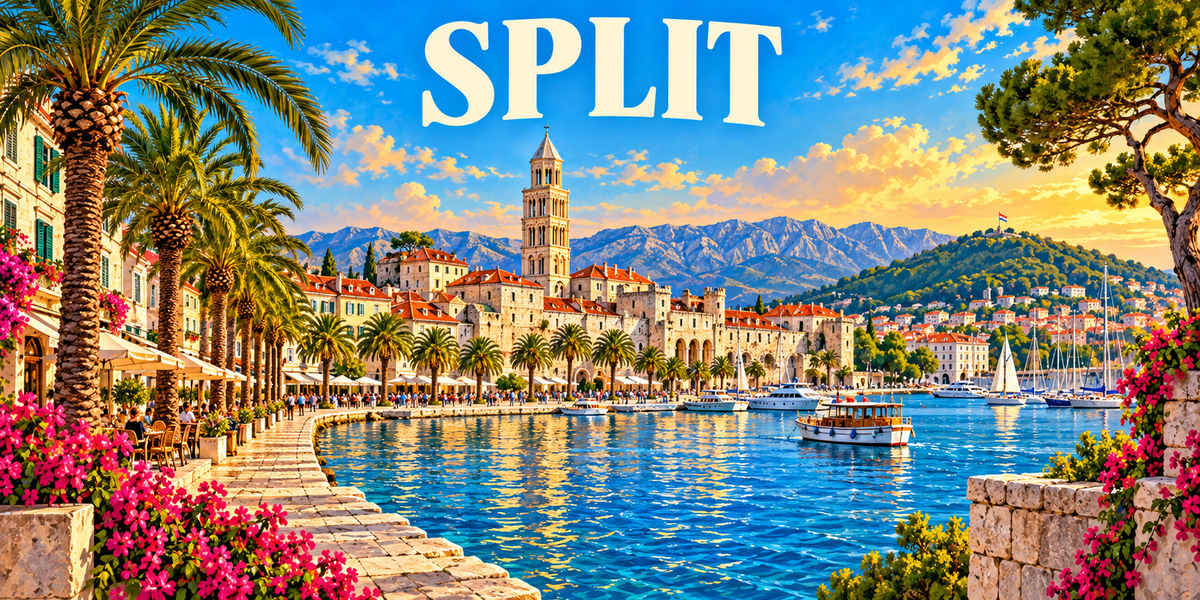 Illustration affiche vintage Split : campanile de Saint-Domnius, façades de pierre du palais de Dioclétien sur la Riva, palmiers, marina et monts dalmates