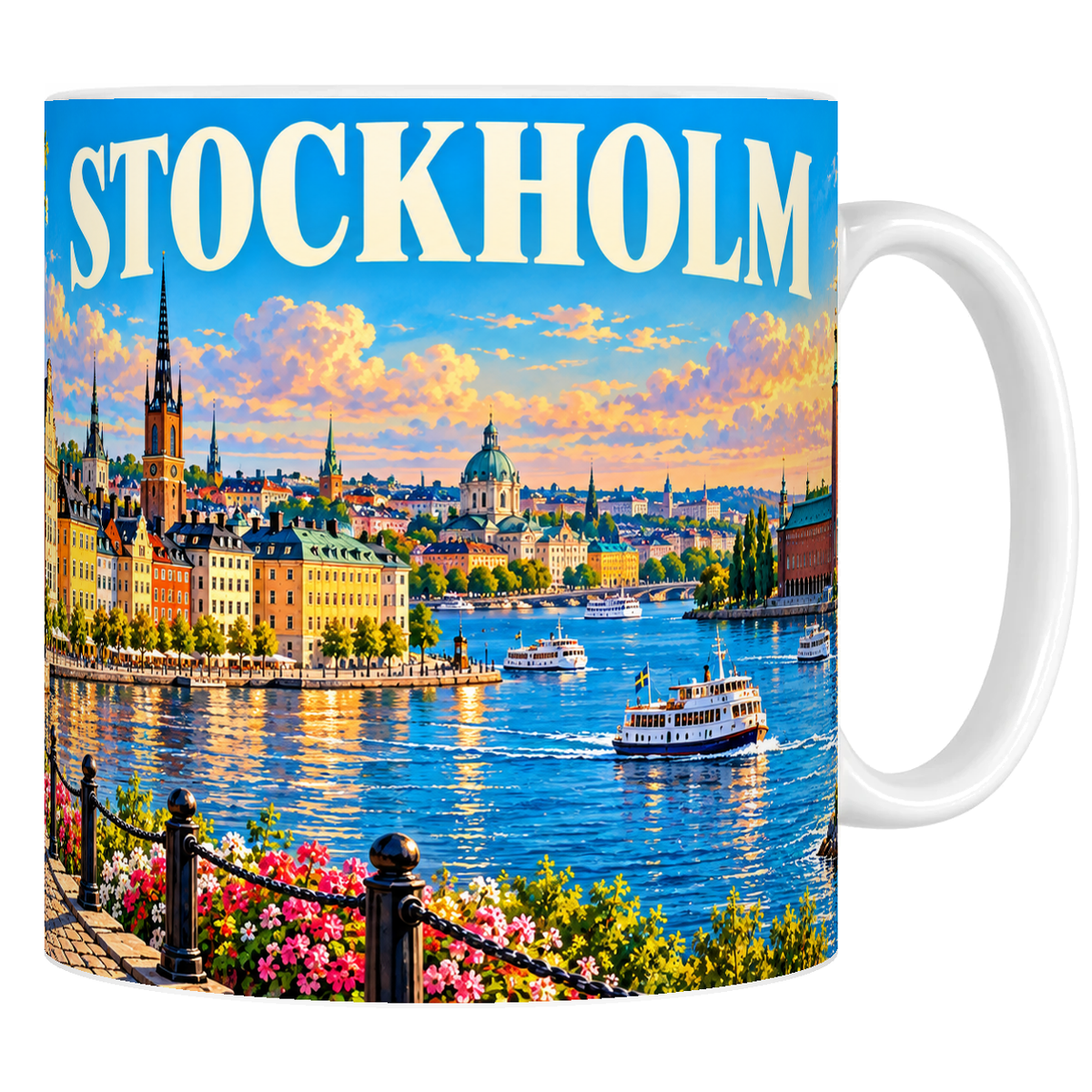 Mug céramique 330 ml « STOCKHOLM » : façades de Gamla Stan, hôtel de ville et ferry