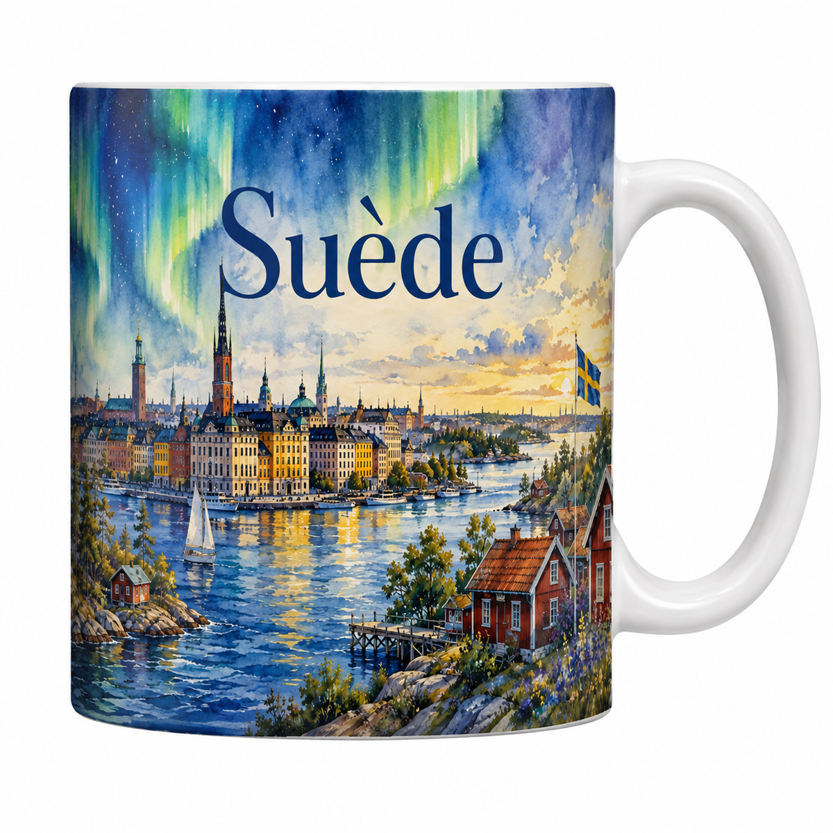 Mug céramique 330 ml Suède aquarelle : Stockholm, archipel, maisons de bois rouge et aurores