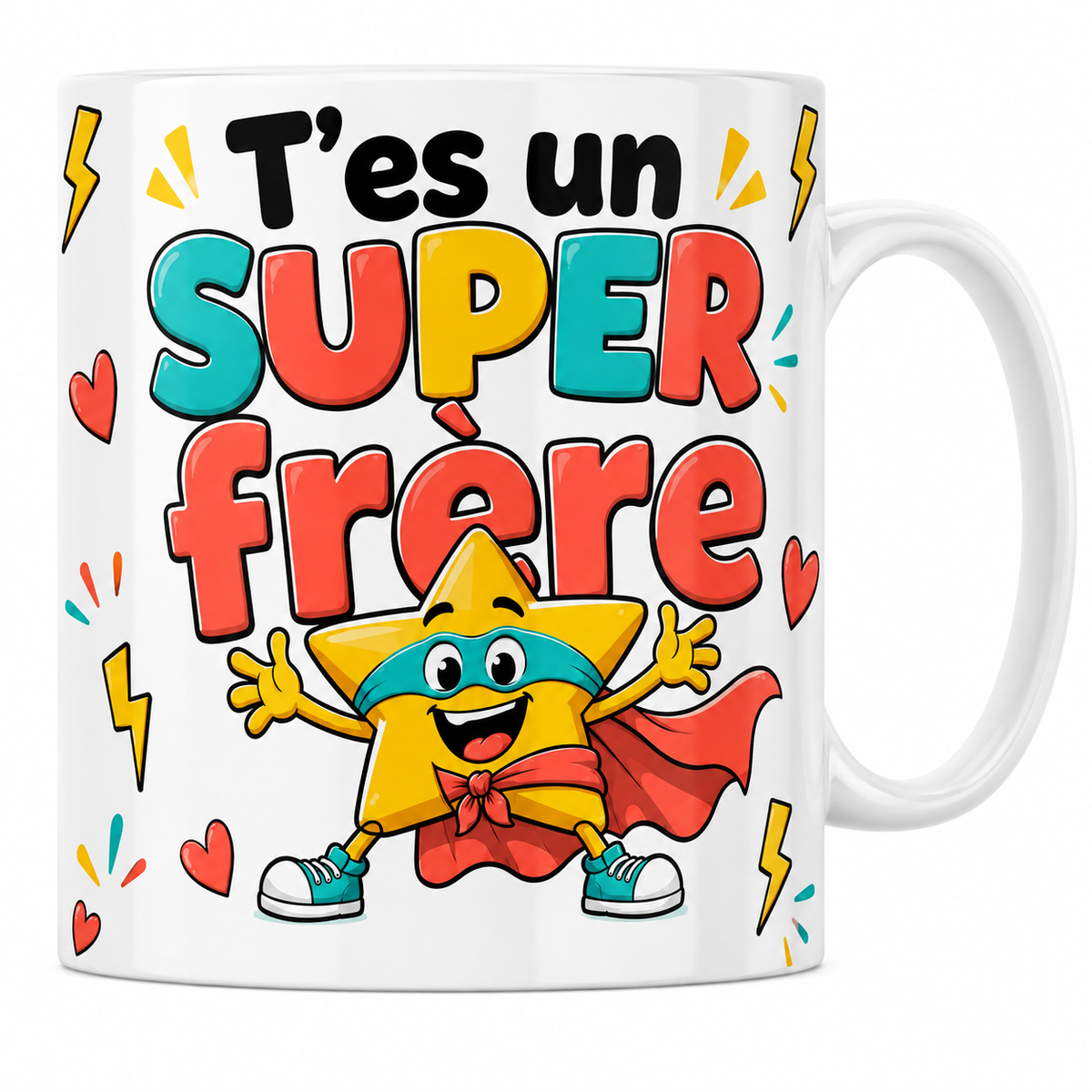 Mug céramique 330 ml Super Frère : étoile super-héros à cape corail et masque turquoise
