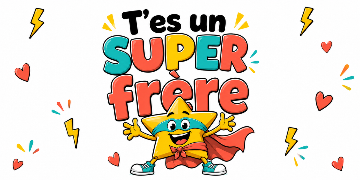 Visuel Super Frère : « T'es un super frère », étoile en cape, cœurs corail et éclairs
