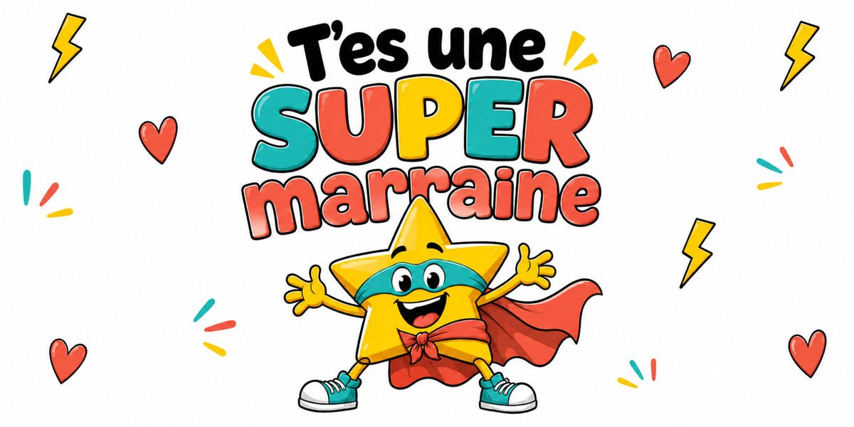 Visuel Super Marraine : « T'es une super marraine », étoile en cape et éclairs jaunes