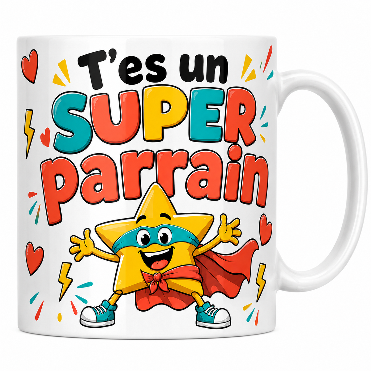 Mug céramique 330 ml Super Parrain : étoile super-héros à cape corail et masque turquoise