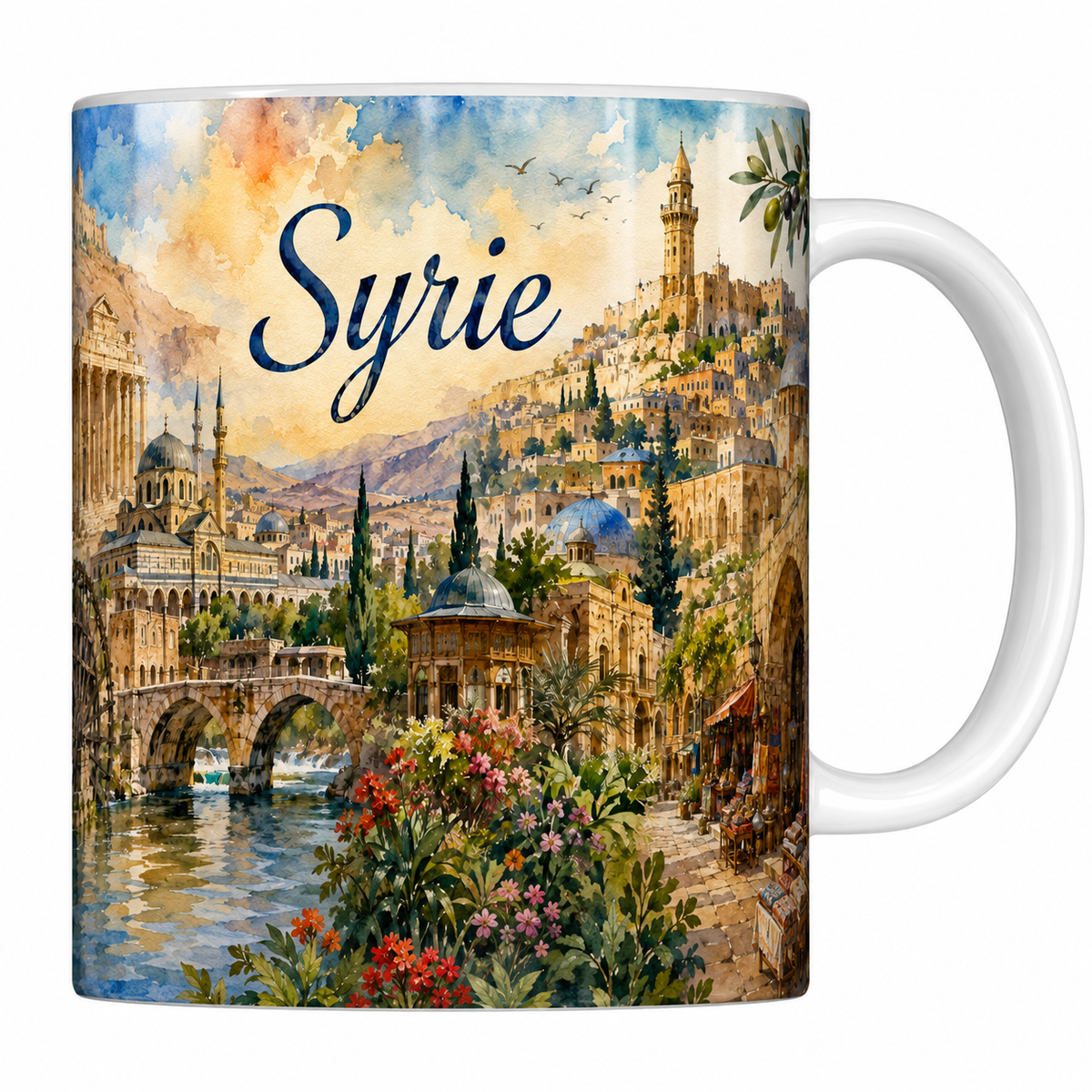 Mug céramique 330 ml Syrie aquarelle : colonnes de Palmyre, norias de Hama et souk