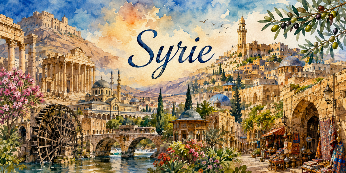 Visuel Syrie aquarelle : Palmyre, norias de Hama, minaret carré et souk aux cuivres