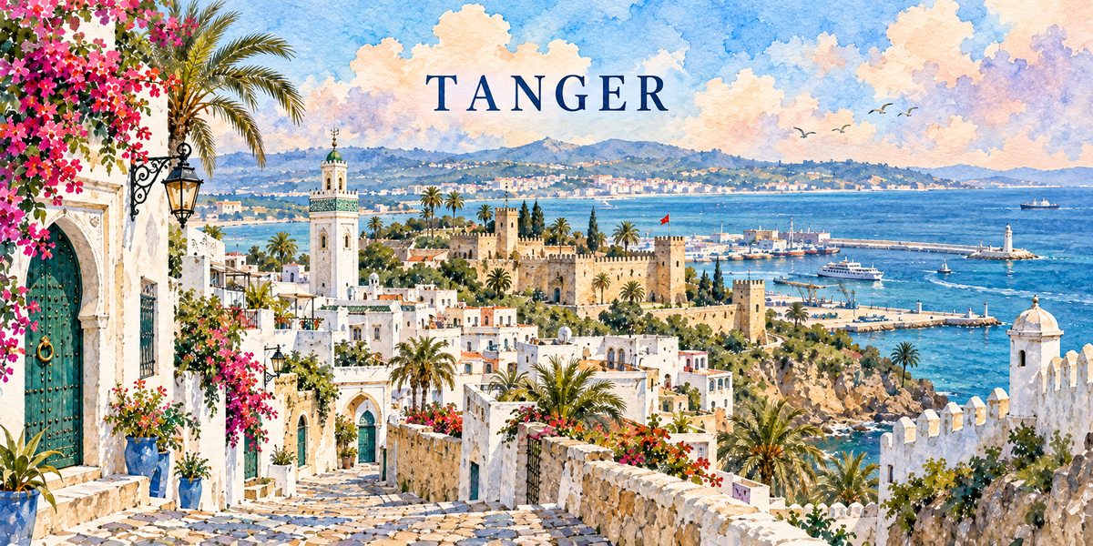 Aquarelle de Tanger : porte verte, médina blanche, kasbah, port et côte espagnole