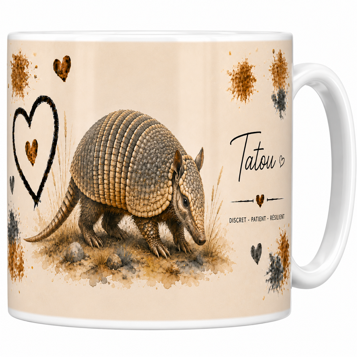 Mug céramique blanc Tatou « Discret, patient, résilient » : tatou à la carapace annelée, grand cœur