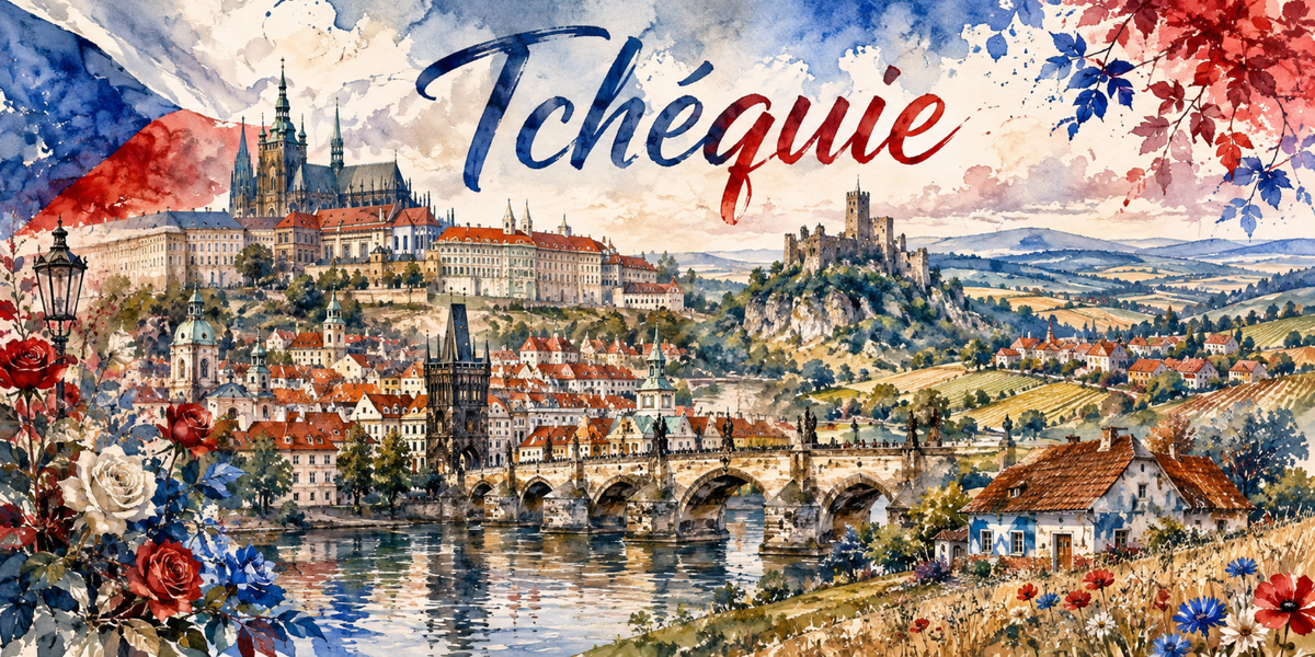 Visuel Tchéquie aquarelle : flèches de Saint-Guy, statues du pont Charles et campagne bohémienne