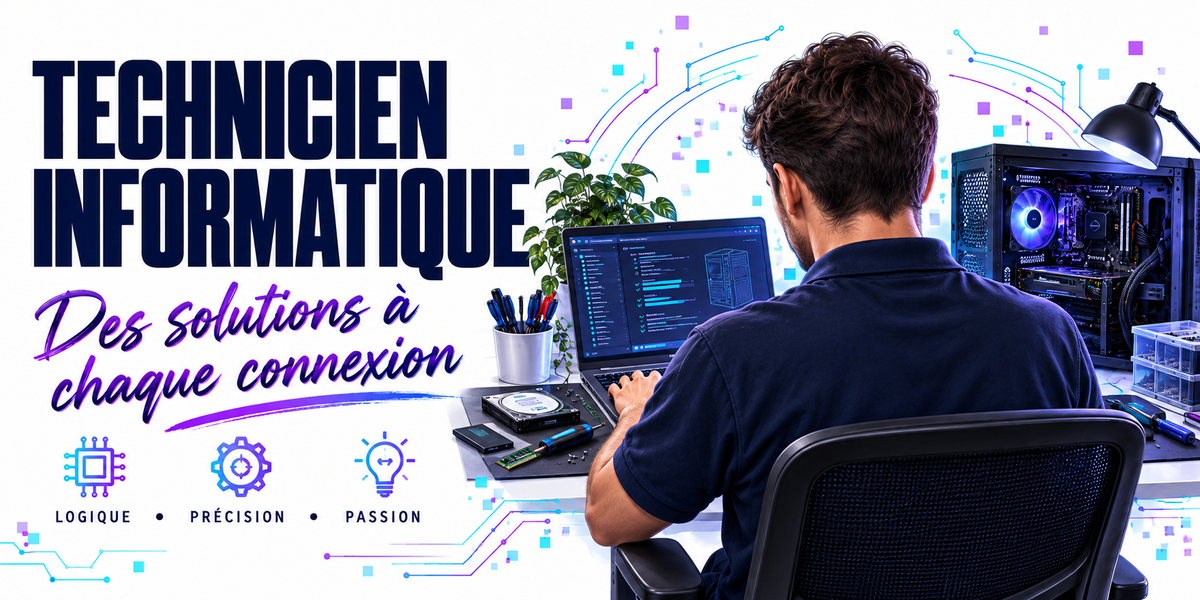 Visuel technicien informatique : la mention TECHNICIEN INFORMATIQUE en capitales bleu marine sur fond blanc à circuits imprimés bleus et violets, la phrase manuscrite violette Des Solutions à Chaque Connexion, un technicien en polo bleu marine assis de trois quarts dos devant une unité centrale ouverte aux ventilateurs éclairés, un disque dur et un tournevis posés sur le plan de travail, écrans de diagnostic à l'arrière-plan, trois pastilles à icônes linéaires — logique, précision, passion