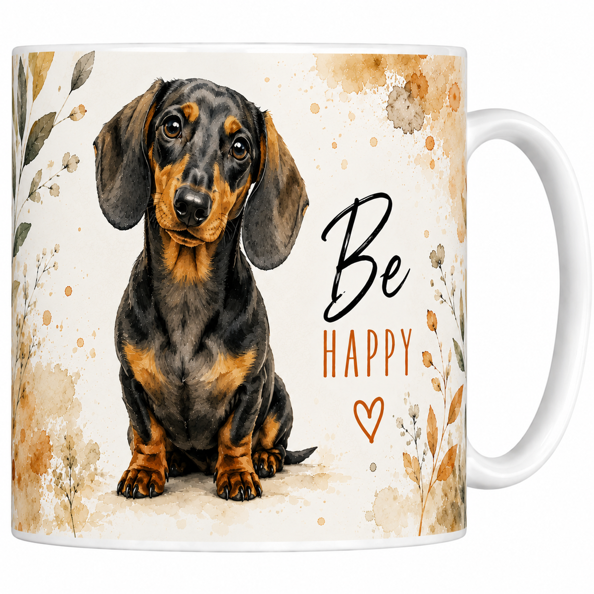 Mug céramique 330 ml teckel Be Happy : teckel noir et feu assis, longues oreilles, feuillages dorés