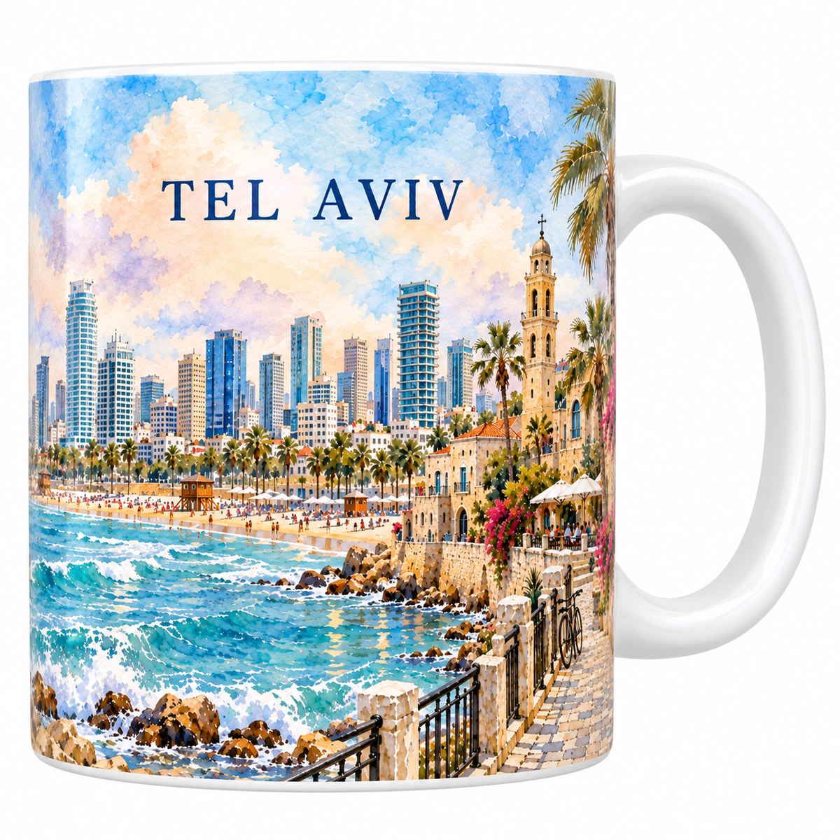 Mug en céramique blanche 330 ml illustré à l'aquarelle de Tel Aviv : la promenade du bord de mer, la plage, les gratte-ciel et la vieille Jaffa