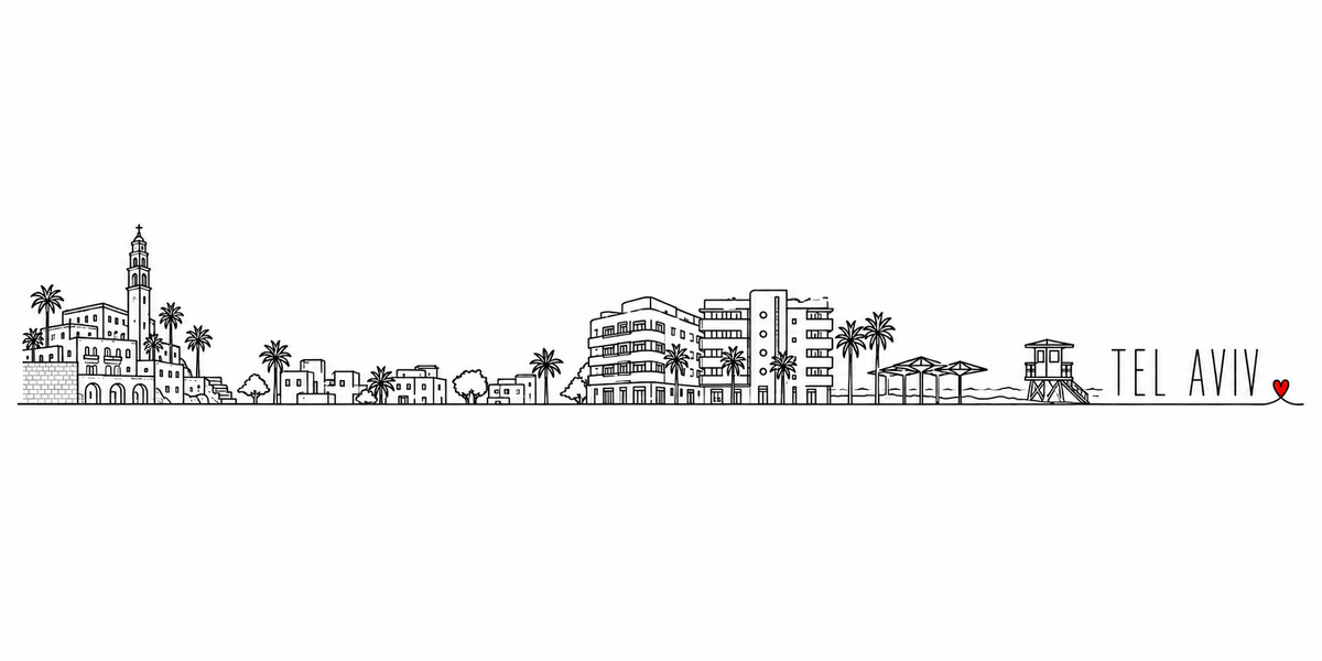Skyline de Tel-Aviv dessiné au trait noir continu, de gauche à droite : le monastère de Jaffa et son campanile sur le promontoire, les palmiers, les maisons basses de la vieille ville et les arbres, les immeubles Bauhaus à balcons arrondis, les palmiers, les parasols de la plage et le poste de secours sur pilotis — avec le nom TEL AVIV en capitales espacées et un petit cœur rouge