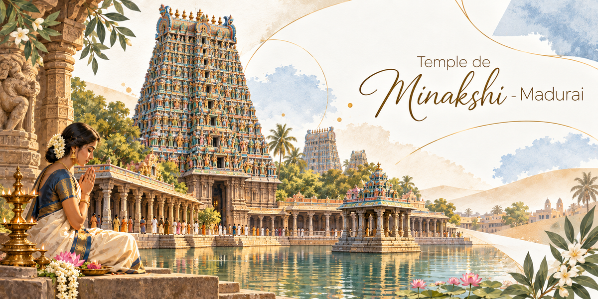 Visuel aquarellé du temple de Minakshi à Madurai, une jeune femme en sari clair, des fleurs dans les cheveux, agenouillée en prière les mains jointes sur les marches au premier plan, le grand gopuram polychrome entièrement couvert de sculptures dressé derrière elle, les galeries à colonnes bordant le bassin du Lotus d'or, des lampes à huile et des fleurs de lotus sur l'eau, les palmiers et les collines au loin, des feuillages en bordure et le titre Temple de Minakshi - Madurai en lettres dorées