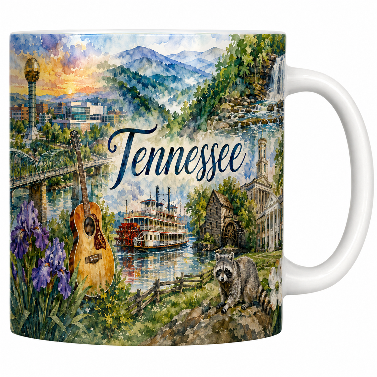 Mug blanc céramique 330 ml imprimé Tennessee, Smoky Mountains et guitare