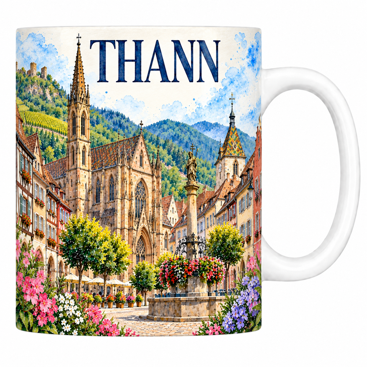 Mug blanc en céramique 330 ml illustré Thann à l'aquarelle : la flèche ajourée de Saint-Thiébaut, les colombages et le vignoble
