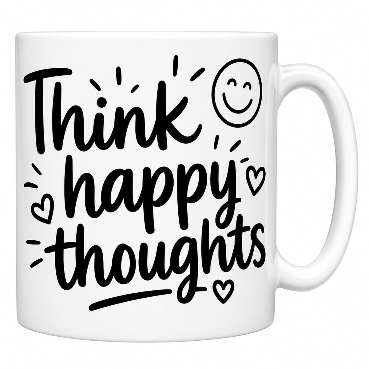 Mug céramique blanc « Think happy thoughts » : calligraphie noire, smiley et petits cœurs