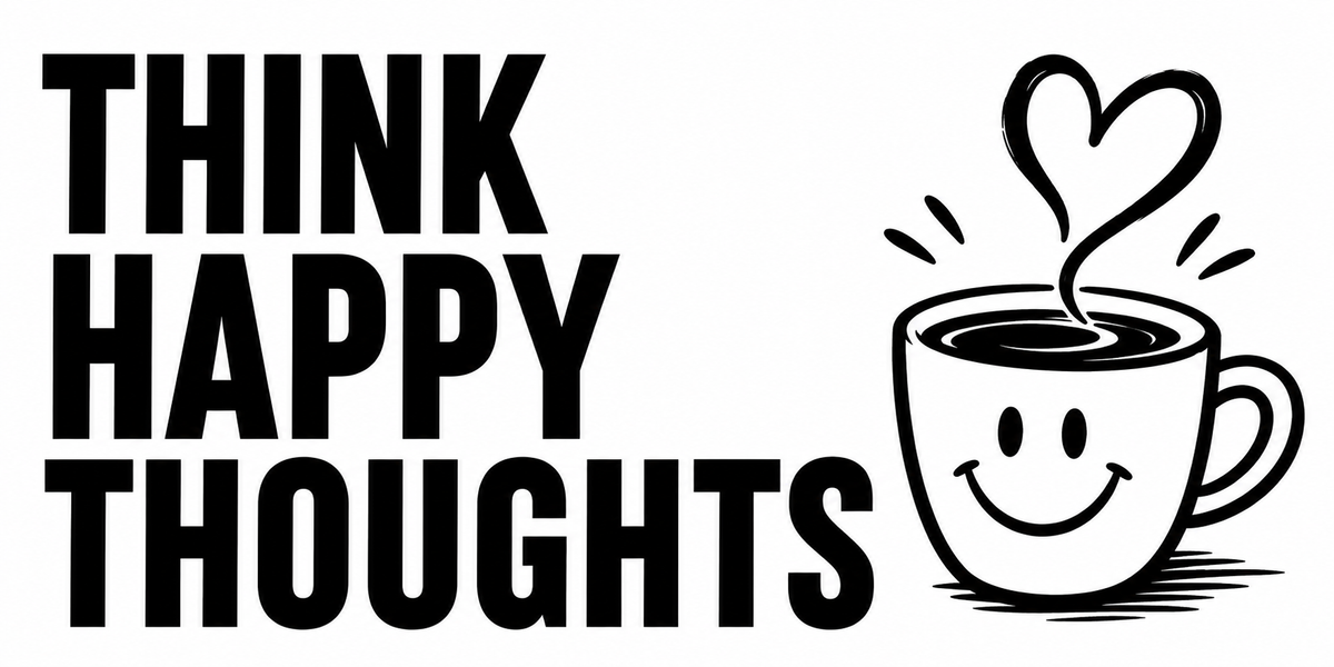 Design du mug Think Happy Thoughts : lettrage manuscrit, smiley souriant, cœurs et éclats de soleil