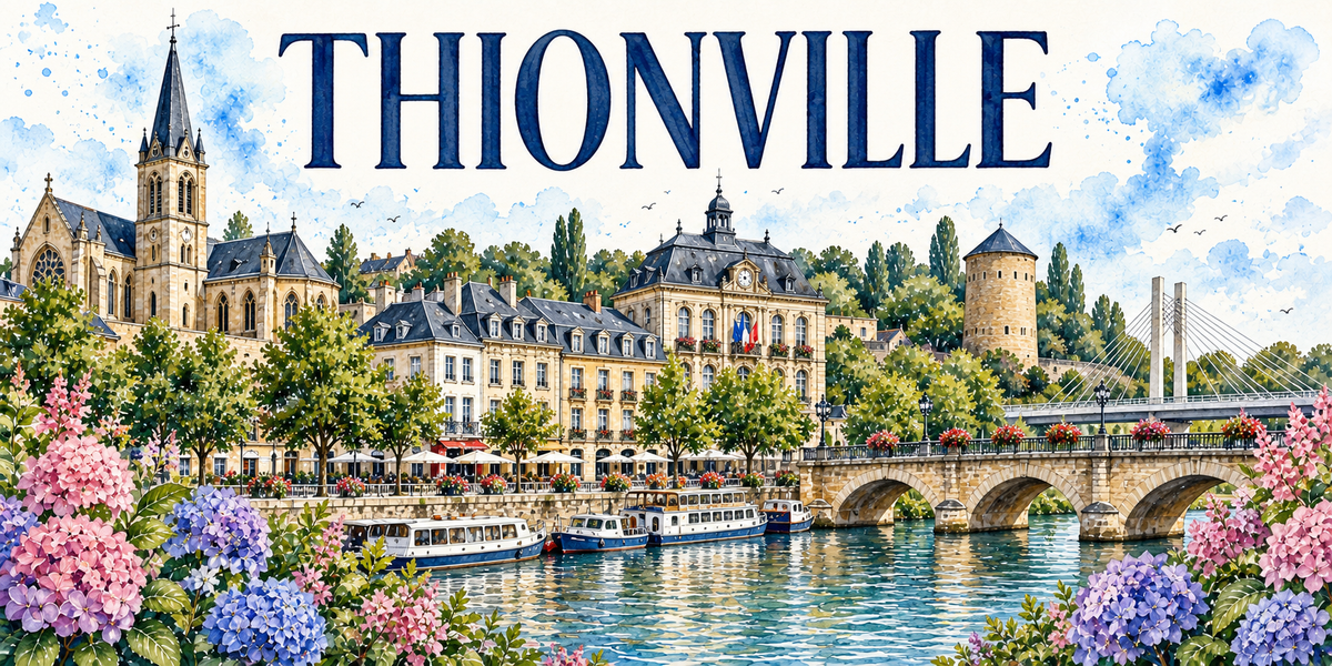 Thionville en aquarelle : église Saint-Maximin, hôtel de ville, tour ronde et péniche sur la Moselle