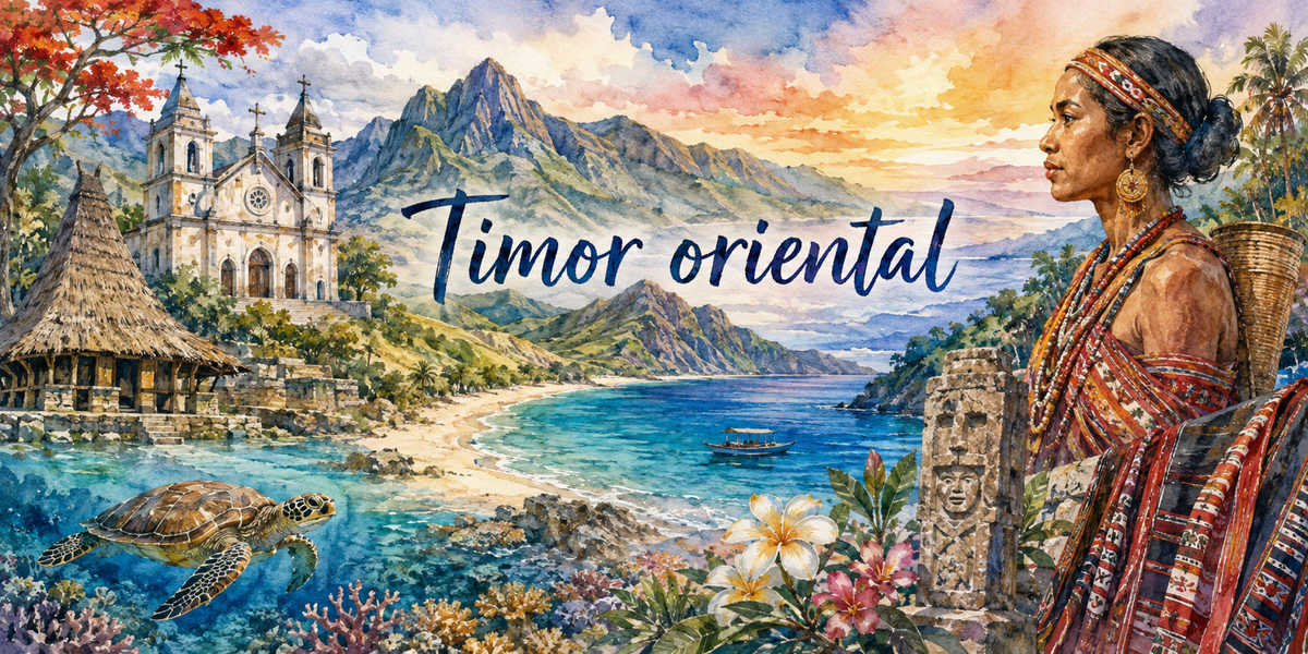 Visuel Timor oriental aquarelle : maison uma lulik, église portugaise, tais et tortue de mer