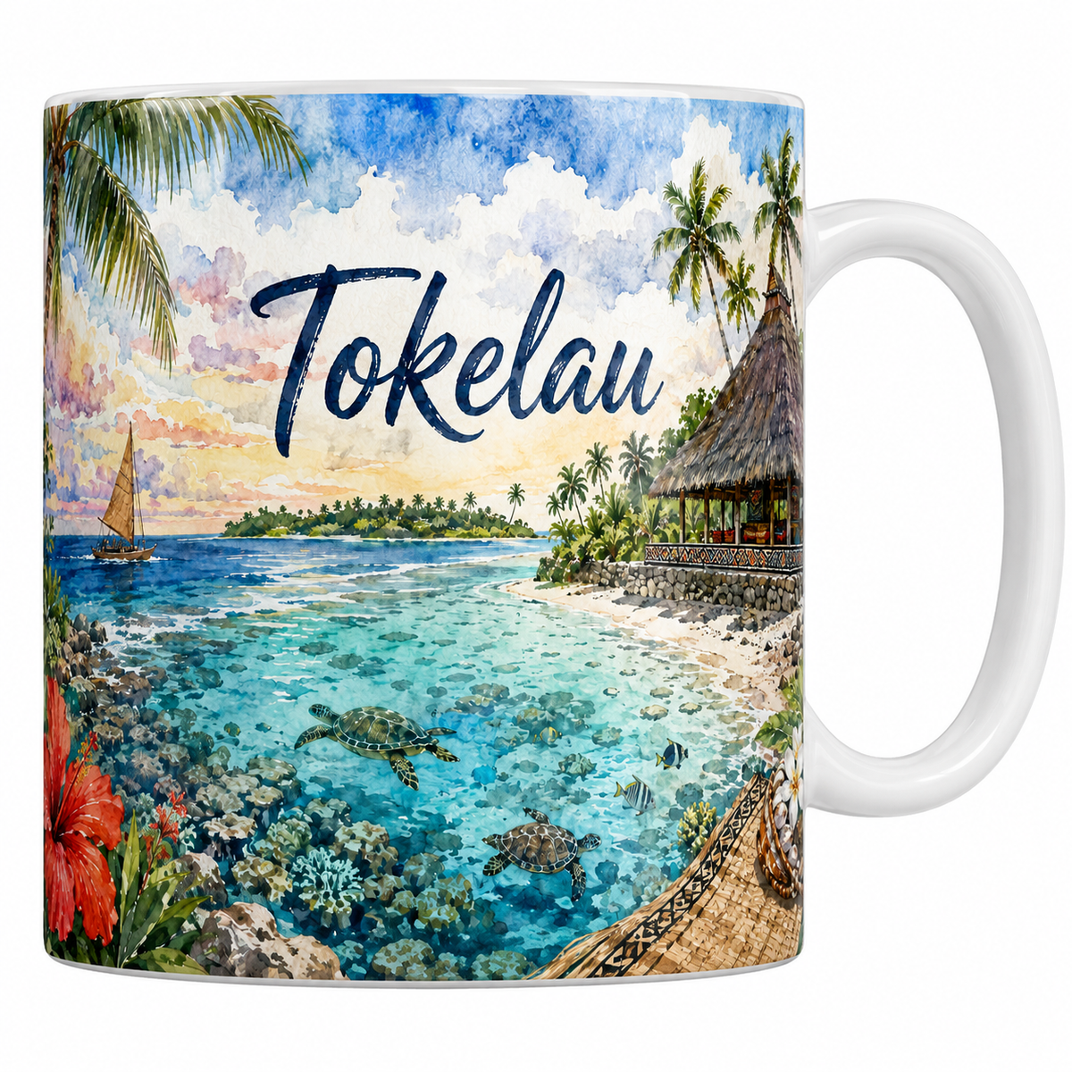 Mug céramique 330 ml Tokelau aquarelle : atoll, lagon translucide, fale de chaume et cocotiers