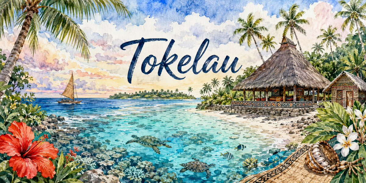 Visuel Tokelau aquarelle : fale de chaume, pirogue à voile, lagon translucide et panier tressé