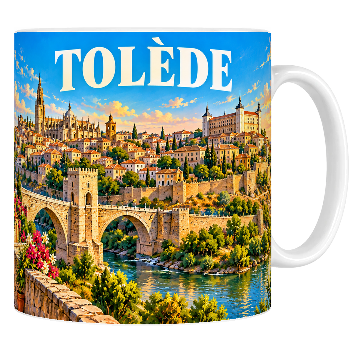 Mug en céramique blanche 330 ml illustré de Tolède sur son rocher, de l'Alcázar et du Tage, style affiche vintage