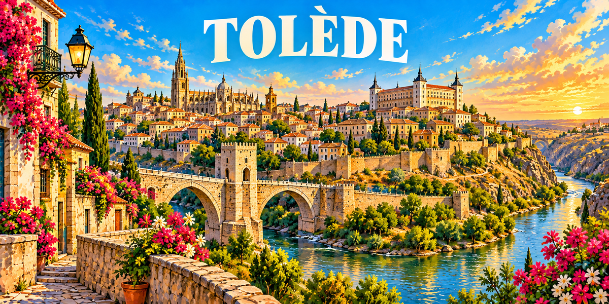 Affiche illustrée de Tolède : le pont de pierre sur le Tage, la flèche de la cathédrale, l'Alcázar et les remparts ocre