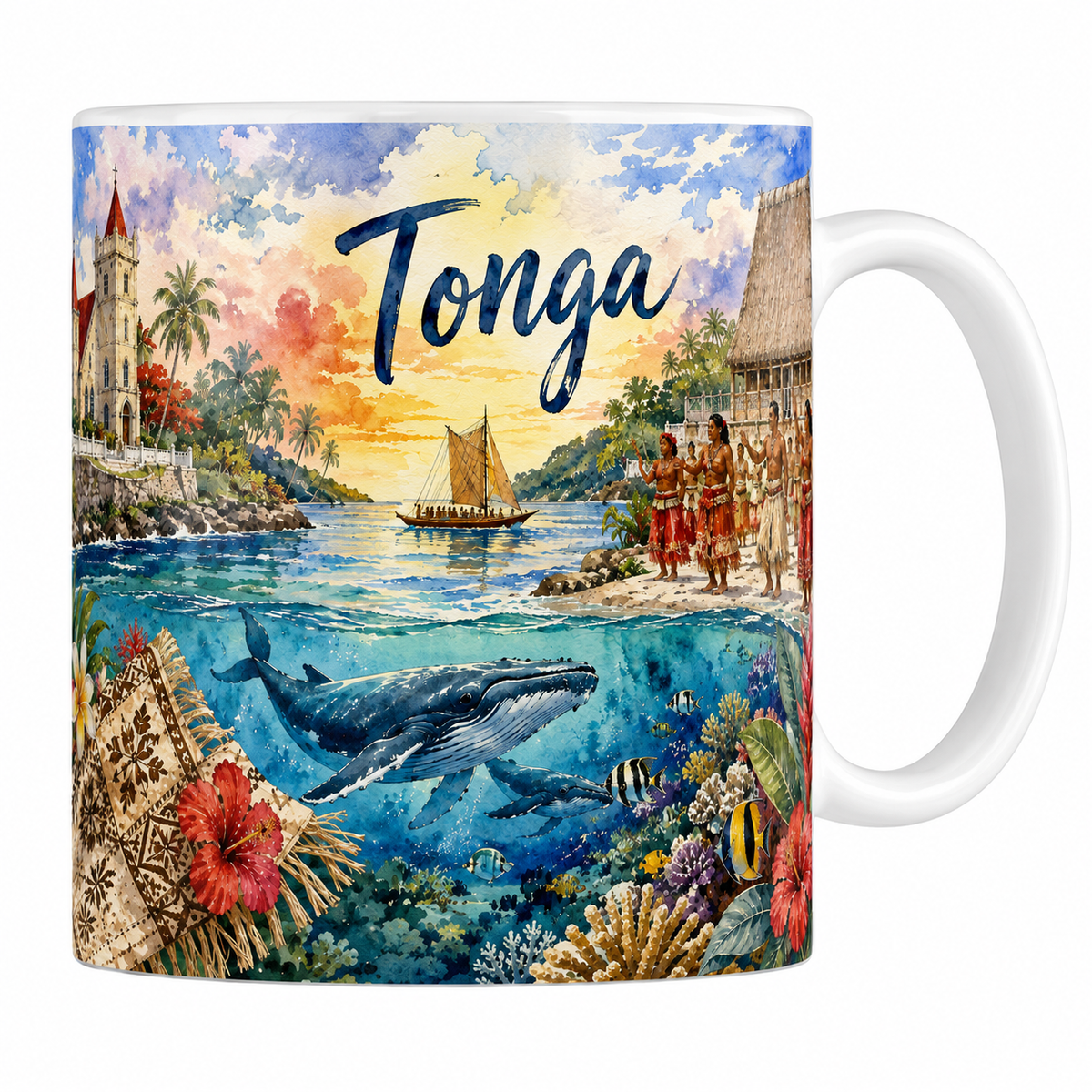 Mug céramique 330 ml Tonga aquarelle : baleine à bosse sous l'eau, pirogue à voile et couchant