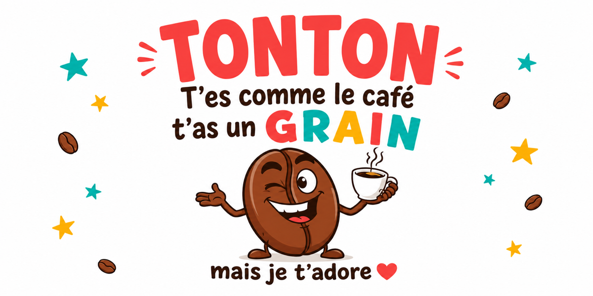 Visuel Tonton humour : TONTON en lettres corail, grain de café à la tasse, étoiles et grains