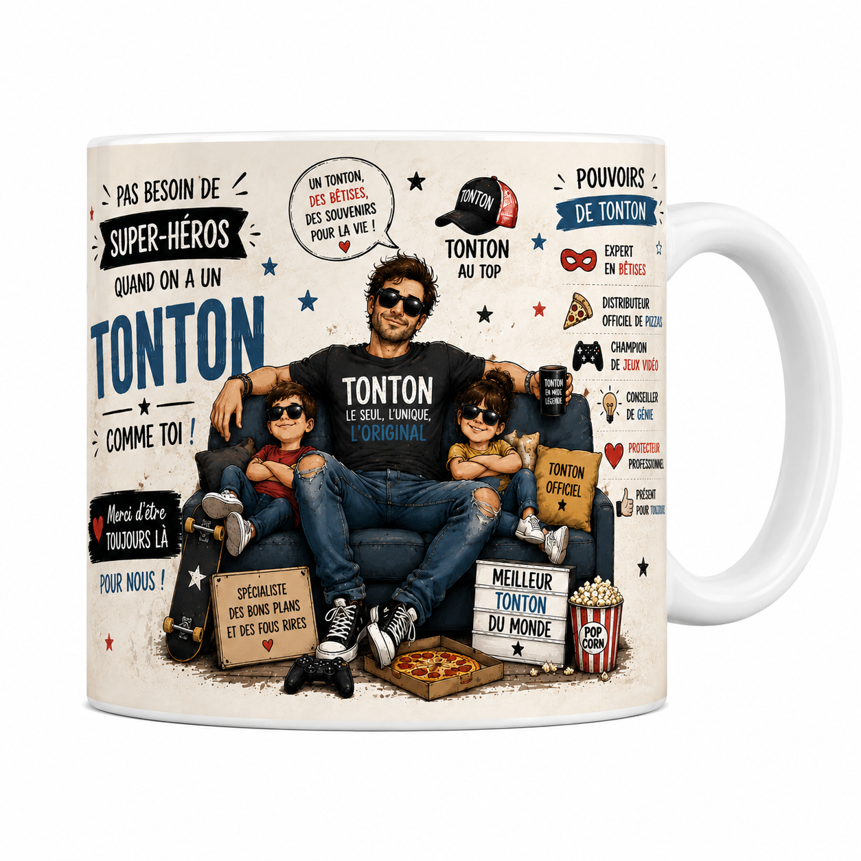 Mug tonton 330 ml, tonton dans le canapé avec ses neveux, pizza et manette de jeu