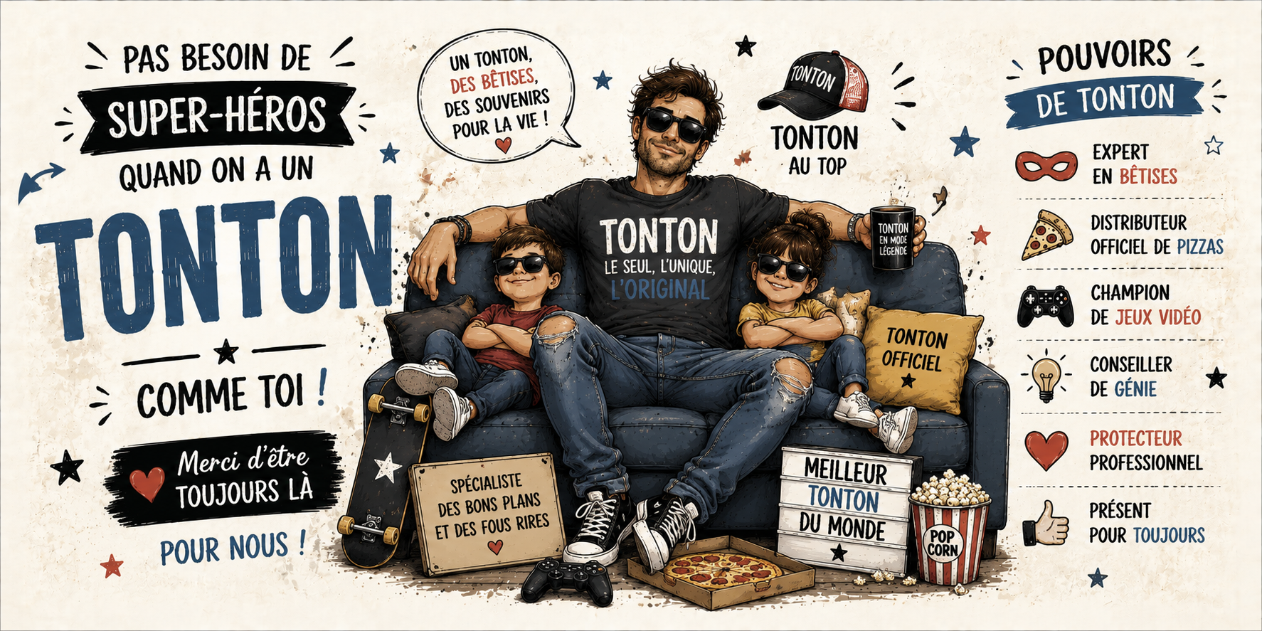 Visuel tonton super-héros : canapé, lunettes noires, pouvoirs officiels et Merci d'être toujours là