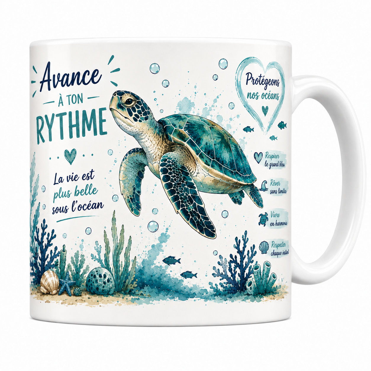 Mug tortue de mer 330 ml, tortue en aquarelle bleu-vert nageant parmi les coraux