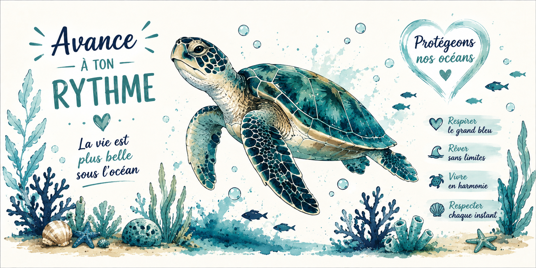 Visuel tortue de mer : Avance à ton rythme, coraux, respirer le grand bleu et protégeons nos océans