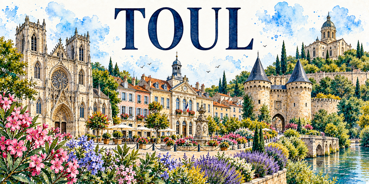 Illustration aquarelle de Toul : façade flamboyante et rosace de la cathédrale Saint-Étienne, maisons pastel, tour à toit d'ardoise, porte fortifiée et fossé en eau des remparts de Vauban