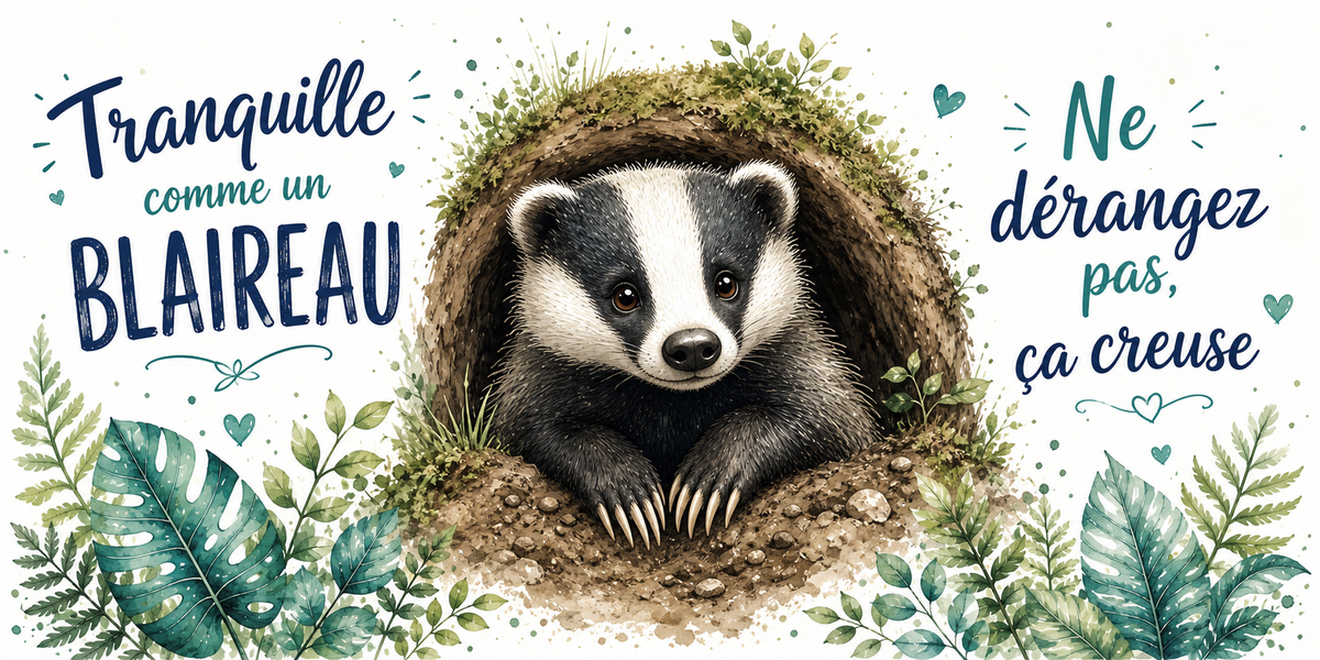 Blaireau dans son terrier moussu à l'aquarelle : « Tranquille comme un blaireau. Ne dérangez pas, ça creuse »
