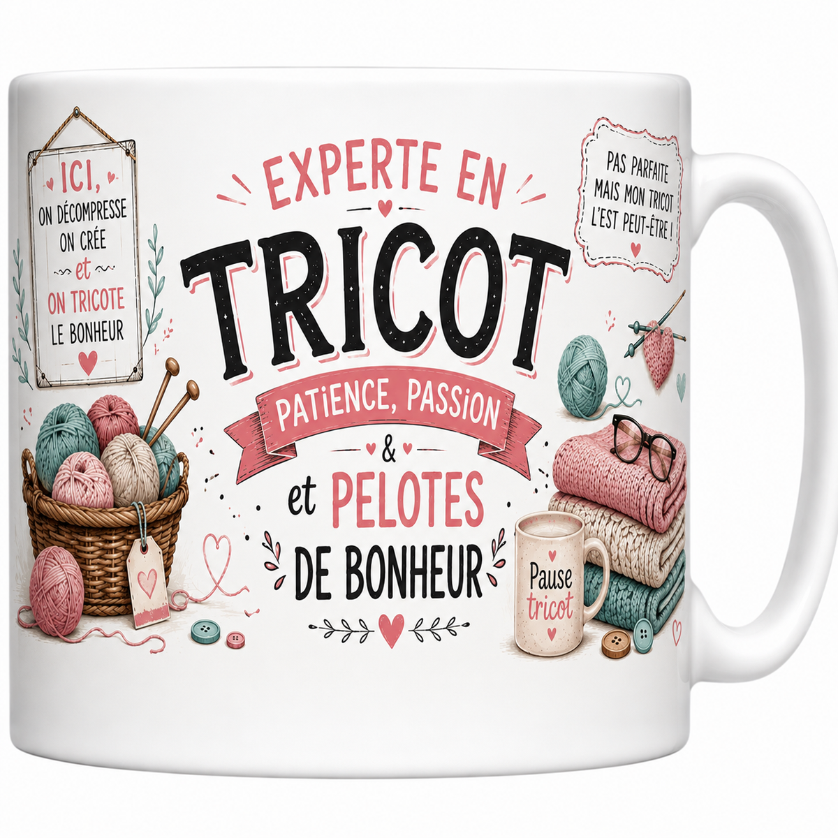Mug céramique 330 ml « Experte en tricot » : panier de pelotes, aiguilles et plaid plié