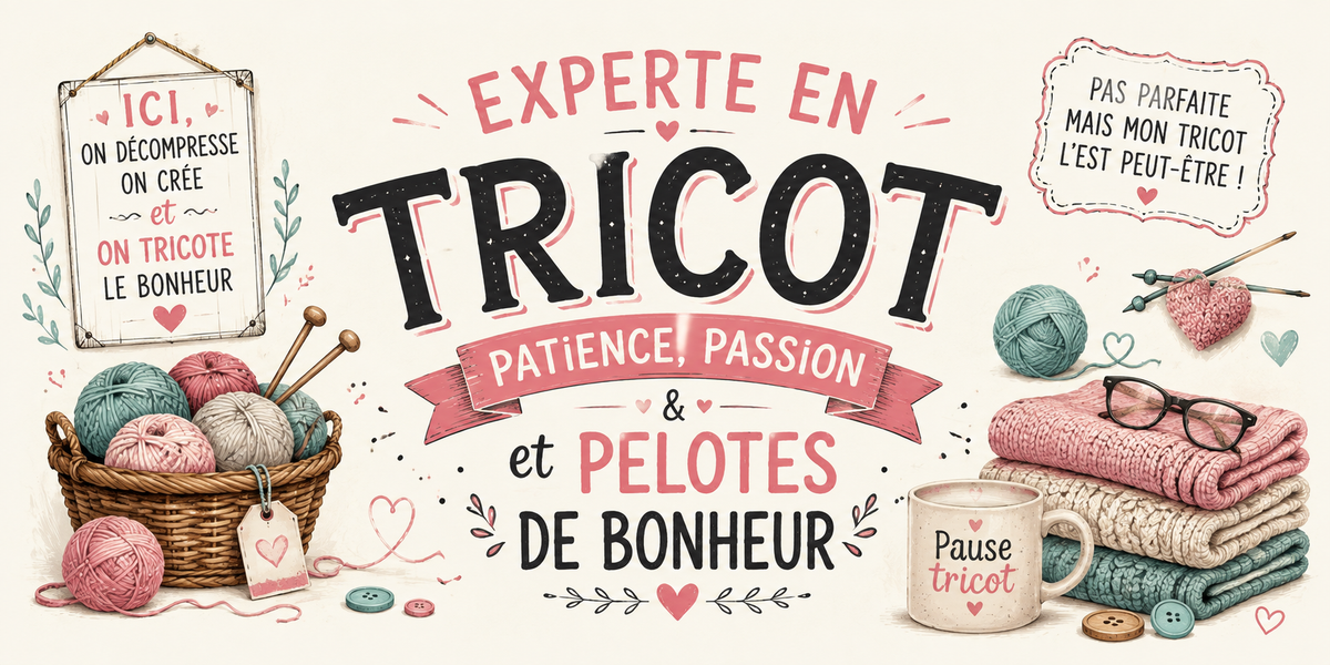 Visuel tricot « patience, passion & pelotes de bonheur » : pelotes de laine, aiguilles, lunettes, plaid