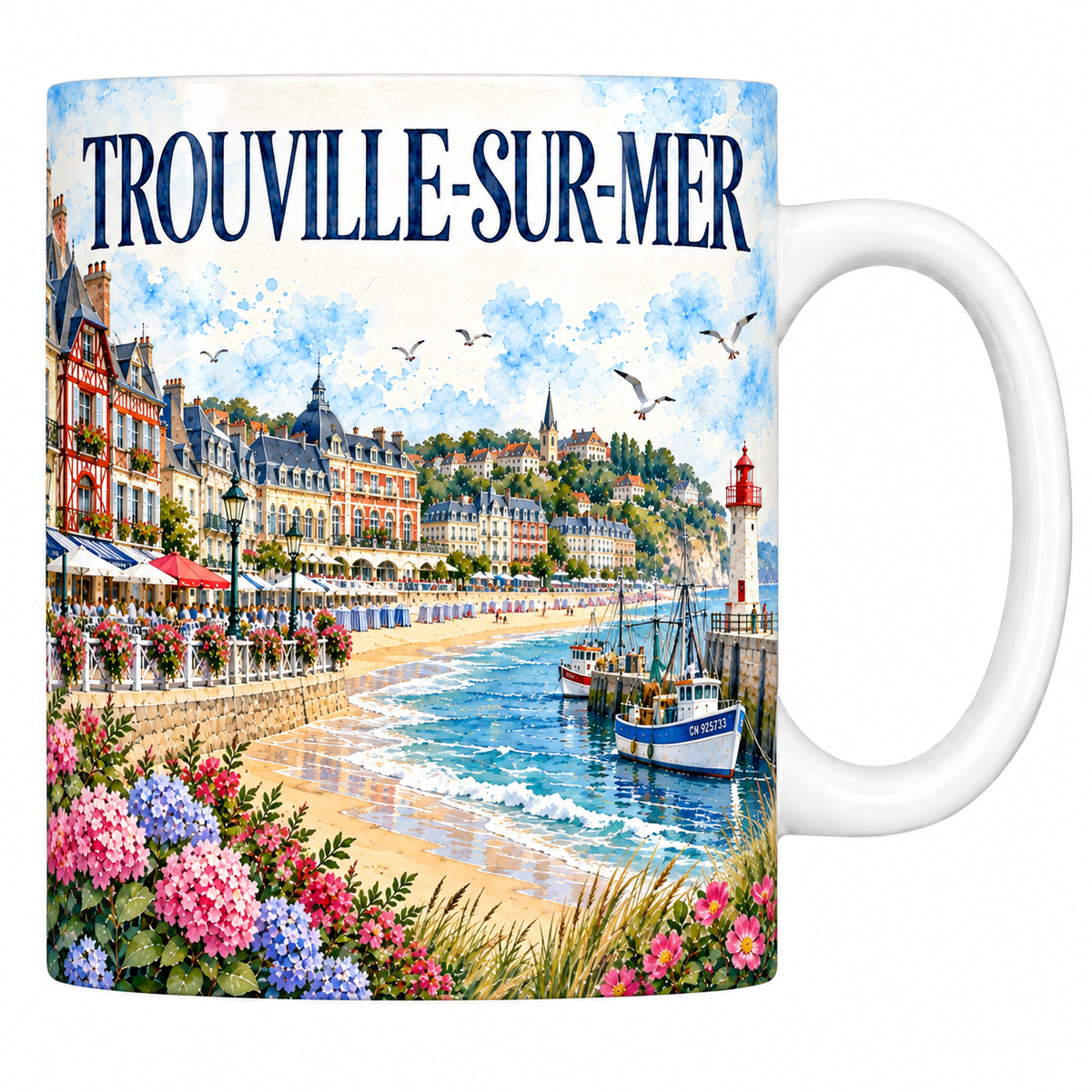 Mug en céramique blanche 330 ml illustré à l'aquarelle des planches de Trouville-sur-Mer et de son port