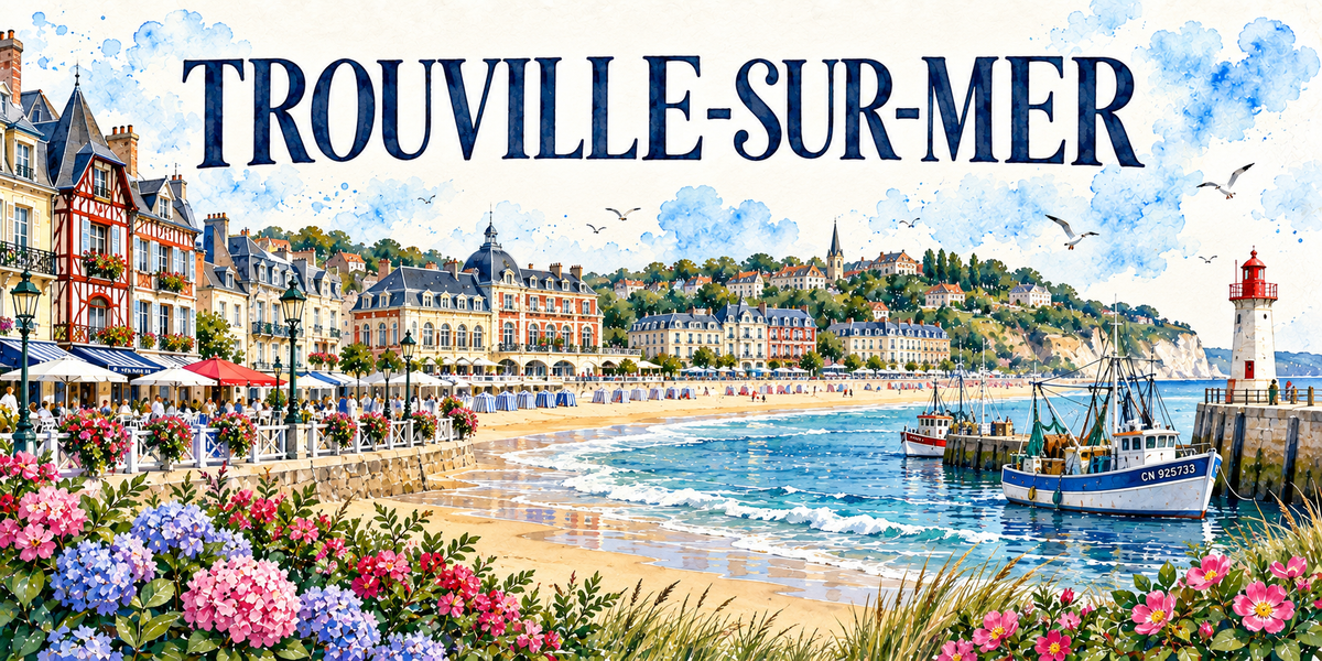 Aquarelle de Trouville-sur-Mer : villas de brique et colombage, planches, cabines de plage, phare et chalutier