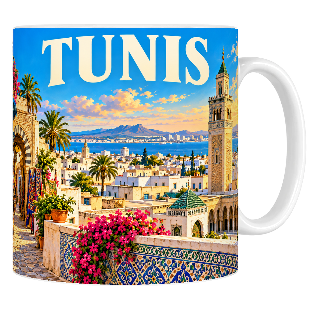 Mug en céramique blanc 330 ml, affiche Tunis : minaret de la Zitouna, médina, arcades et portes bleues