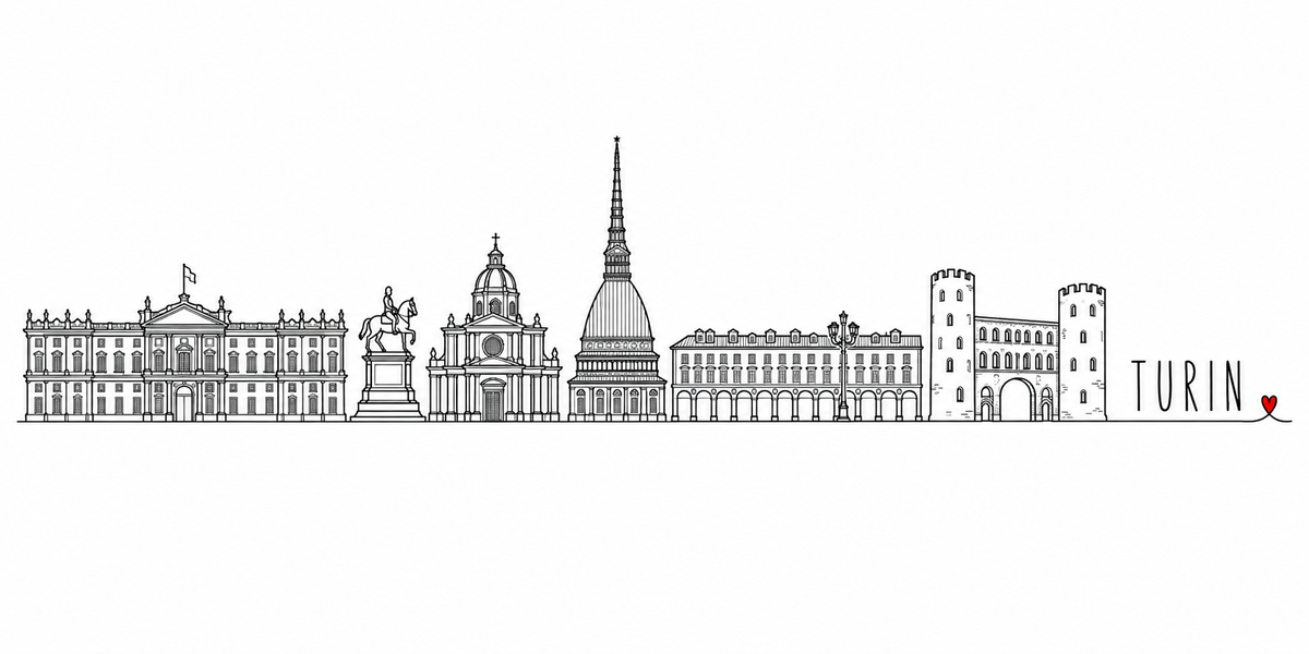Skyline de Turin dessiné au trait noir continu, de gauche à droite : la longue façade d'un palais à balustrade et drapeau, la statue équestre sur son haut socle, l'église baroque et sa coupole à lanterne, la flèche de la Mole Antonelliana, les longues arcades et leur lampadaire ouvragé, la Porta Palatina romaine et ses deux tours crénelées — avec le nom TURIN en capitales espacées et un petit cœur rouge