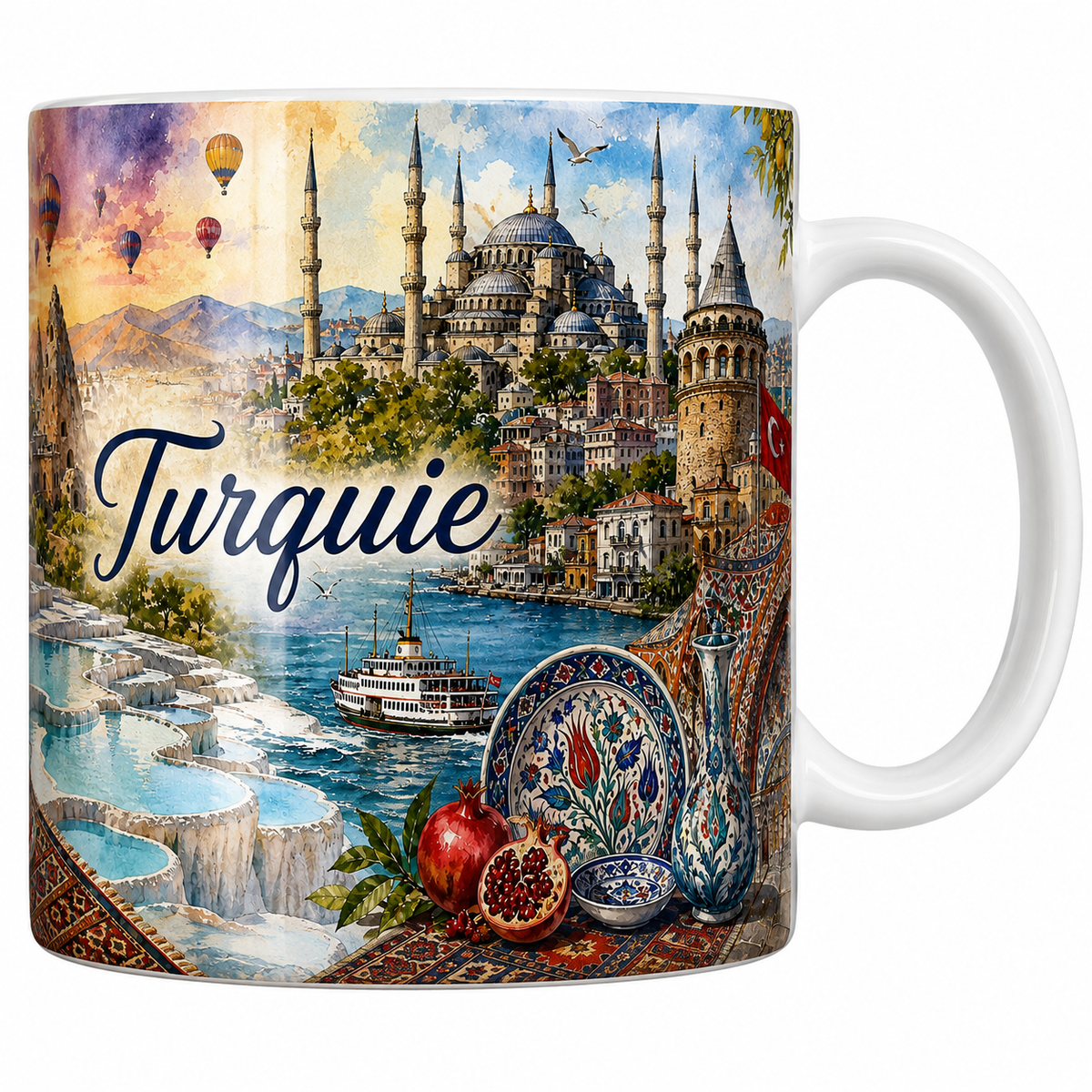 Mug céramique 330 ml Turquie aquarelle : Cappadoce, Mosquée Bleue et Pamukkale