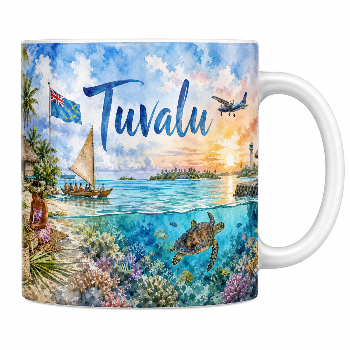 Mug céramique 330 ml Tuvalu aquarelle : lagon, pirogue à voile, tortue de mer et coraux colorés