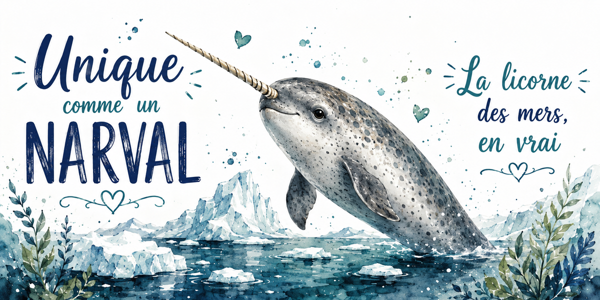 Visuel « Unique comme un narval, la licorne des mers, en vrai » : aquarelle d'un narval entre les glaces de l'Arctique
