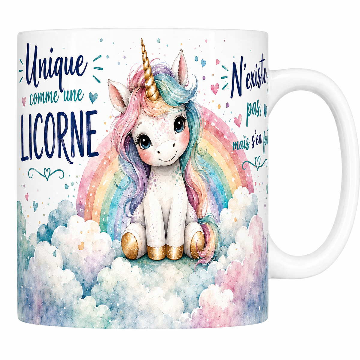 Mug céramique 330 ml « Unique comme une licorne » : jeune licorne à crinière pastel