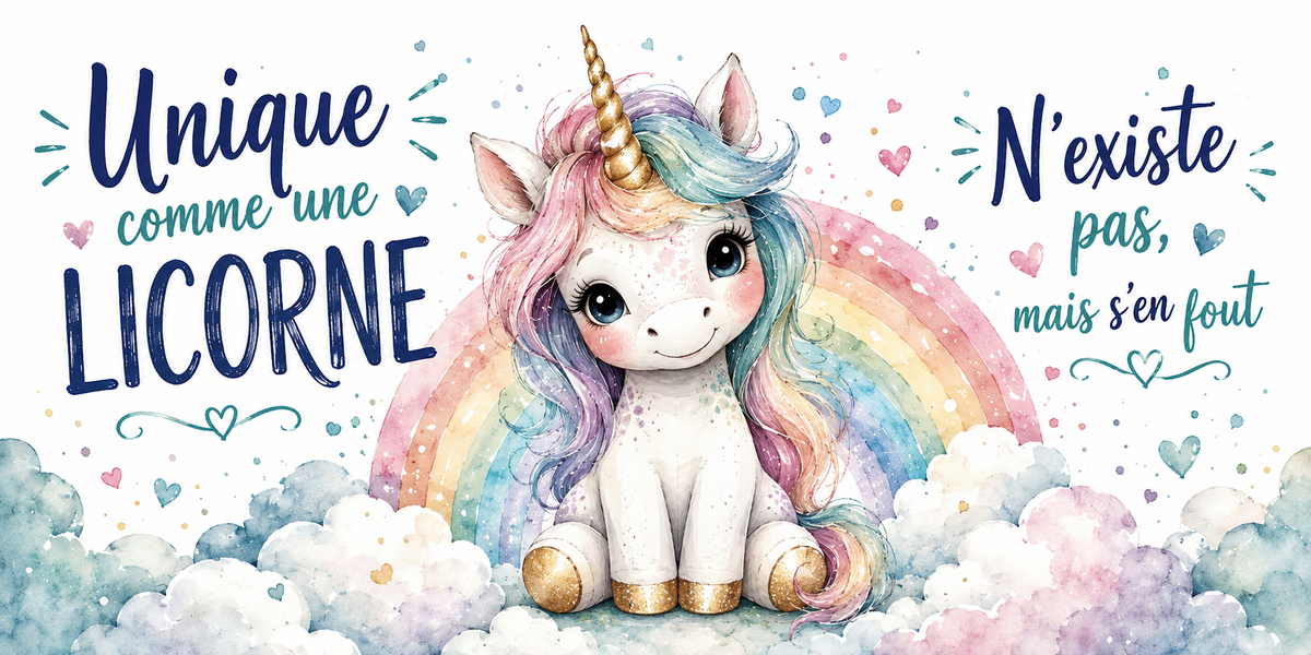 Visuel « Unique comme une licorne, n'existe pas, mais s'en fout » : aquarelle d'une licorne sous un arc-en-ciel