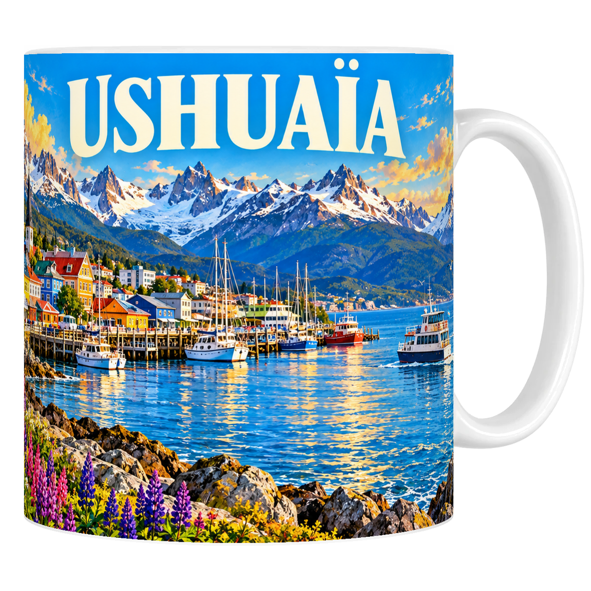 Mug en céramique blanc 330 ml, affiche Ushuaïa : baie du Beagle, phare des Éclaireurs, Andes enneigées et manchots