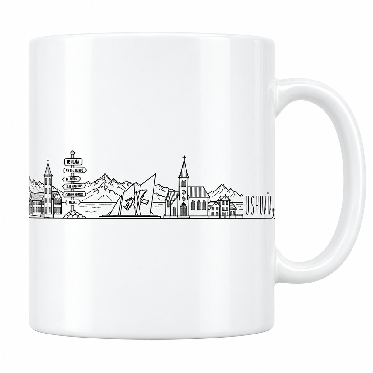 Mug blanc en céramique 330 ml illustré du skyline d'Ushuaïa au trait noir : les maisons basses et leur tour à horloge, le panneau indicateur du bout du monde, les sommets enneigés, le monument anguleux et l'église à clocher