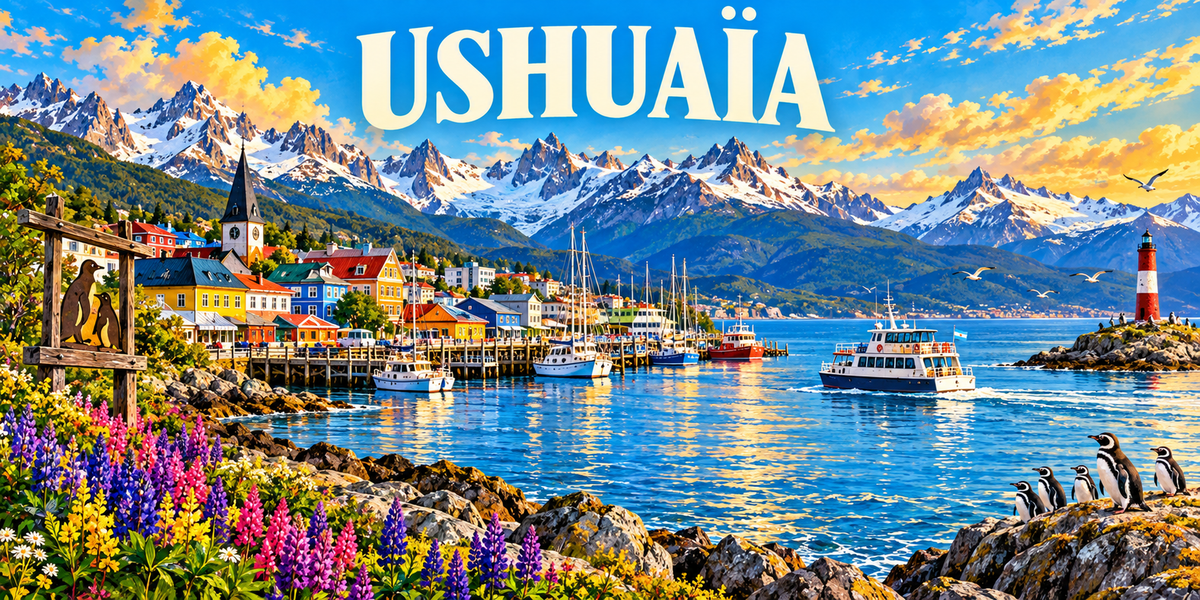 Illustration affiche vintage Ushuaïa : baie et navires, maisons colorées, phare des Éclaireurs, sommets du Martial, lupins et manchots de Magellan