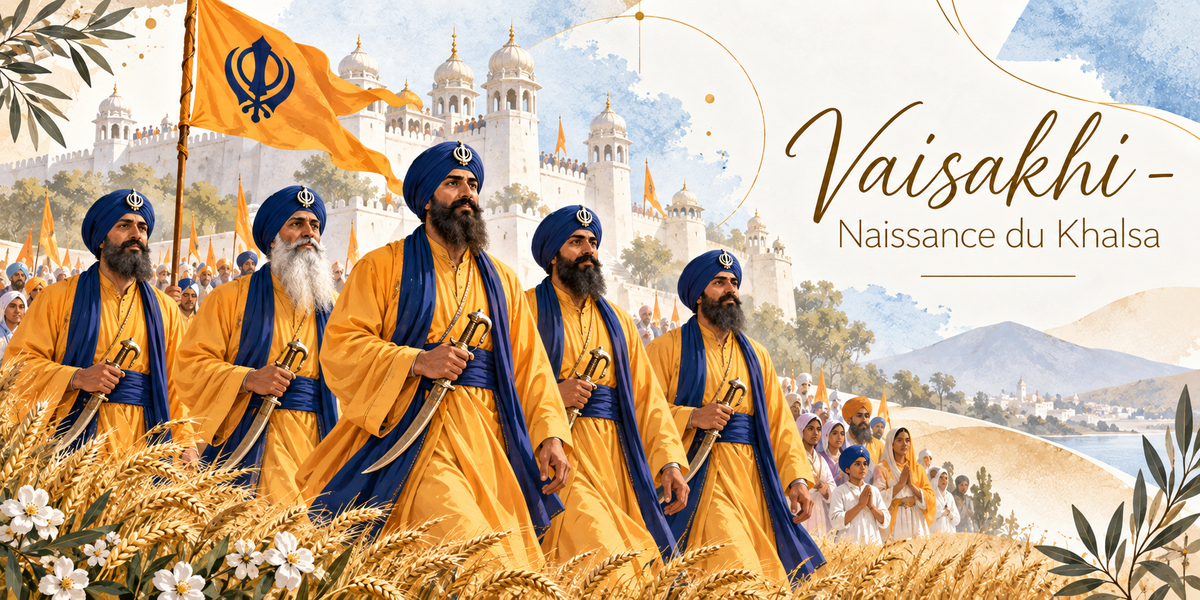 Visuel aquarellé de Vaisakhi, les cinq bien-aimés en robe safran ceinturée de bleu et turban bleu, kirpan dégainé à la main, marchant en tête du cortège derrière le drapeau safran au khanda, le gurdwara blanc à coupoles et ses fanions derrière eux, la foule des fidèles et des enfants en habits clairs, les épis de blé mûr et les fleurs blanches au premier plan, les collines à l'horizon et le titre Vaisakhi - Naissance du Khalsa en lettres dorées